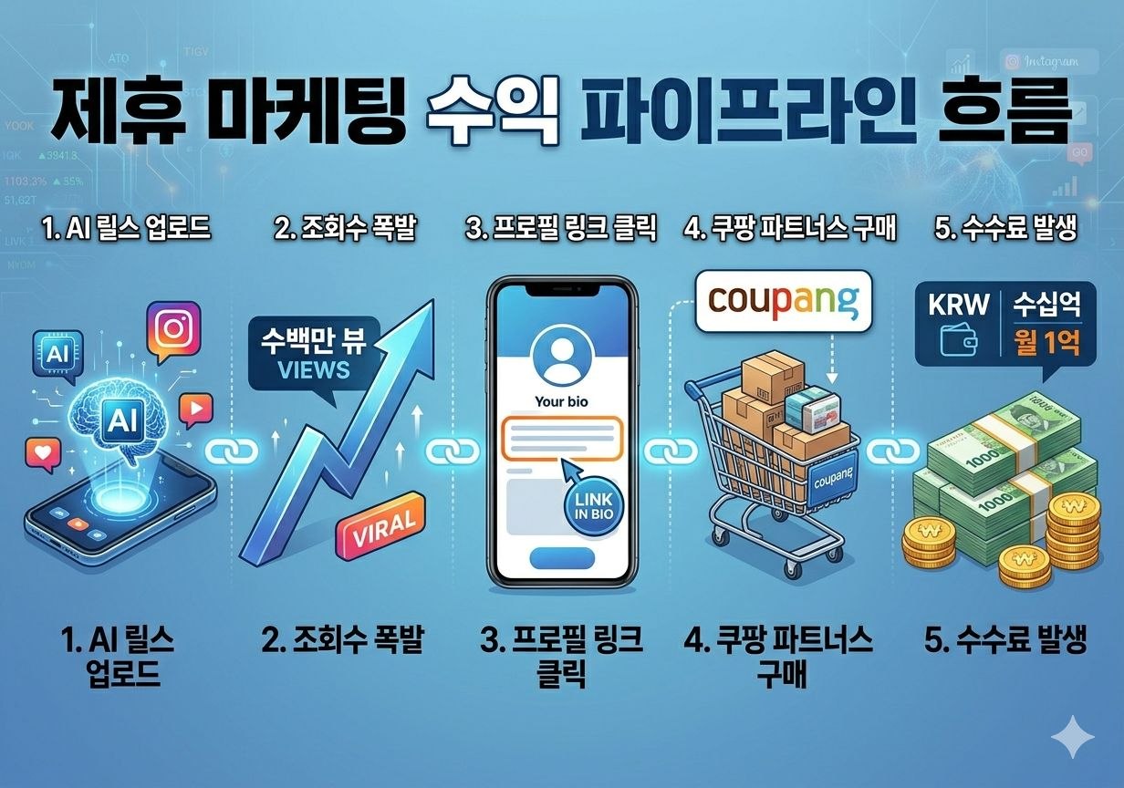 AI 릴스 업로드부터 프로필 링크 클릭과 쿠팡 파트너스 수수료 발생까지의 수익 파이프라인 이미지