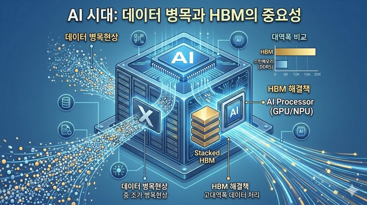 AI 시대 데이터 병목과 HBM의 중요성 인포그래픽