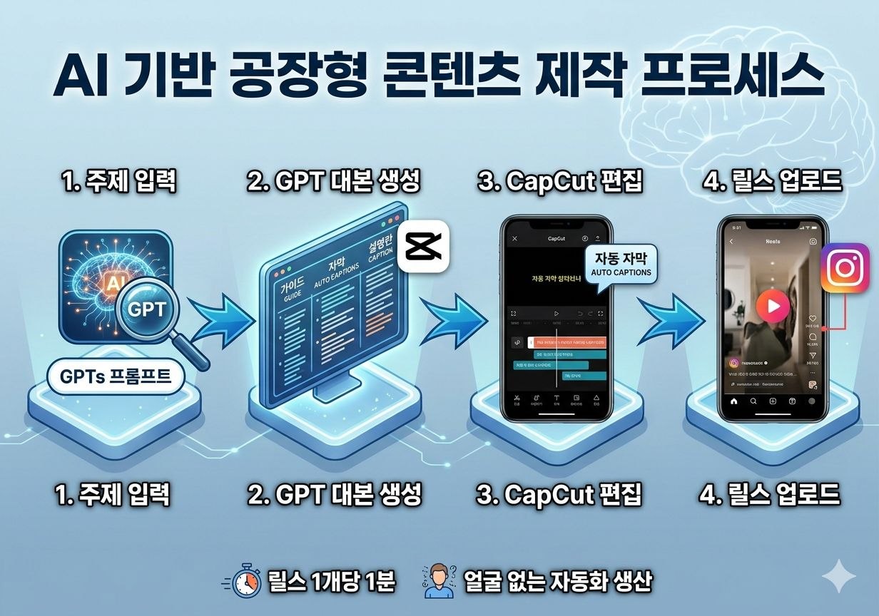 GPT 프롬프트 입력부터 대본 생성, CapCut 편집, 릴스 업로드까지의 AI 콘텐츠 자동화 프로세스 이미지