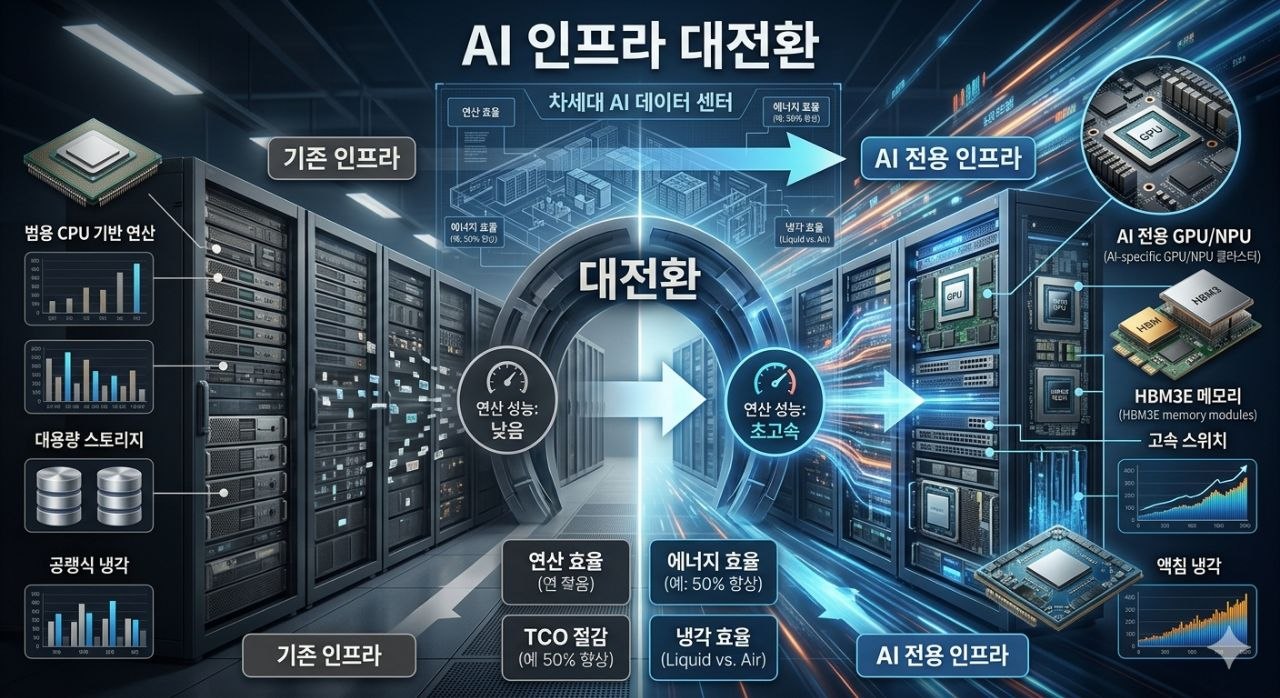 기존 CPU 중심 데이터센터에서 GPU HBM 액침 냉각 기반 AI 인프라로 전환되는 구조를 설명하는 이미지