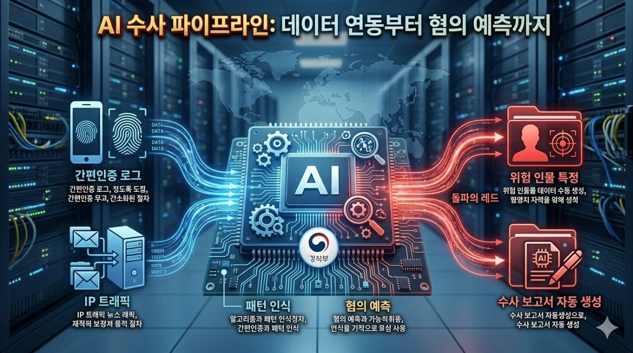 인증 데이터 연동부터 혐의 예측까지 AI 수사 파이프라인을 설명하는 이미지