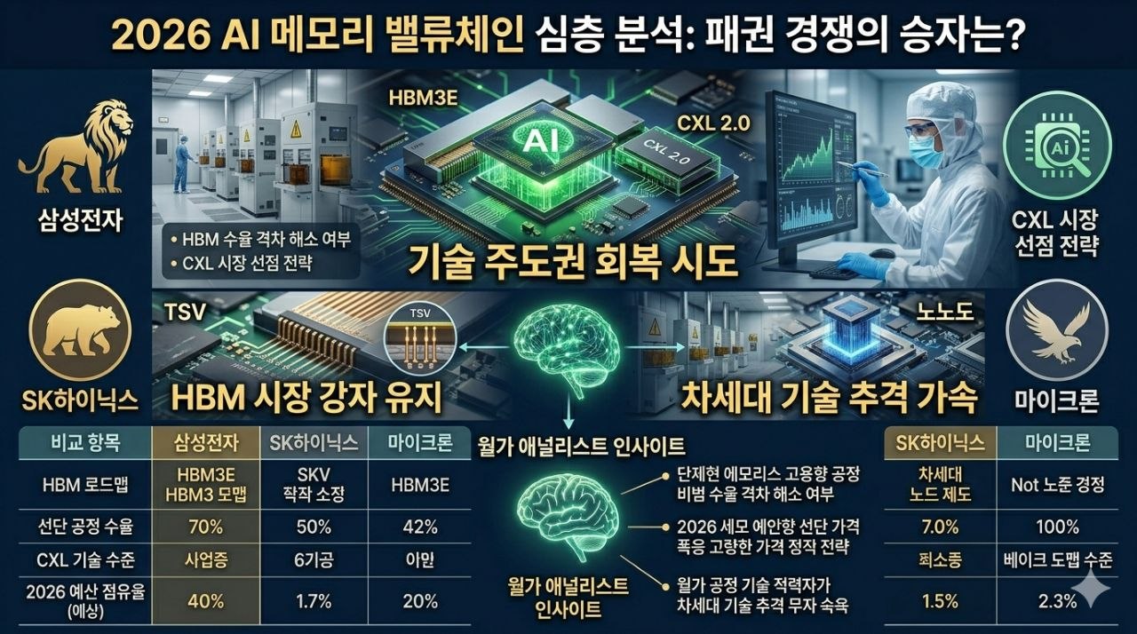 삼성전자 SK하이닉스 마이크론의 AI 메모리와 HBM 경쟁 구도를 설명하는 이미지