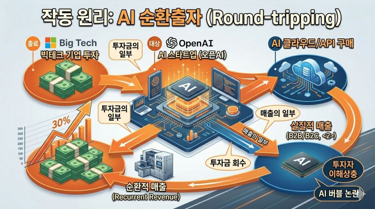 빅테크 투자금이 오픈AI와 AI 클라우드 API 매출로 순환하는 구조를 설명하는 인포그래픽