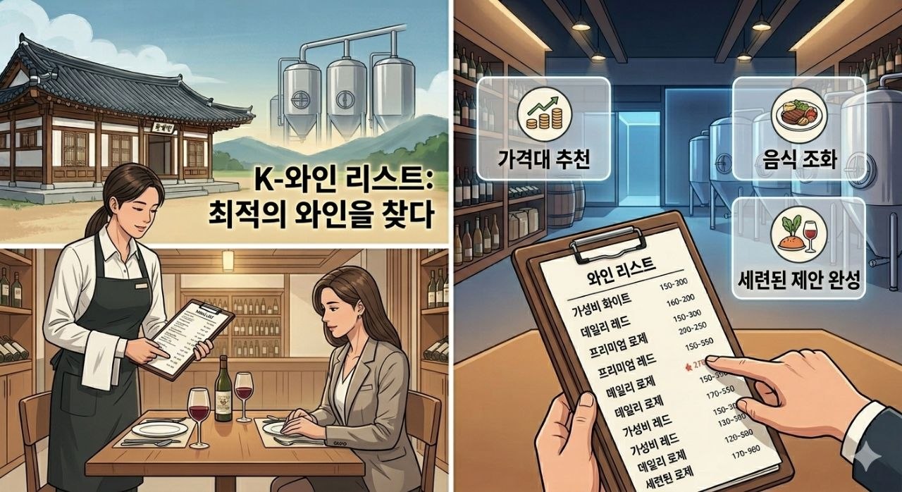 소믈리에와 와인 리스트를 보며 주문하는 비즈니스 상황 이미지