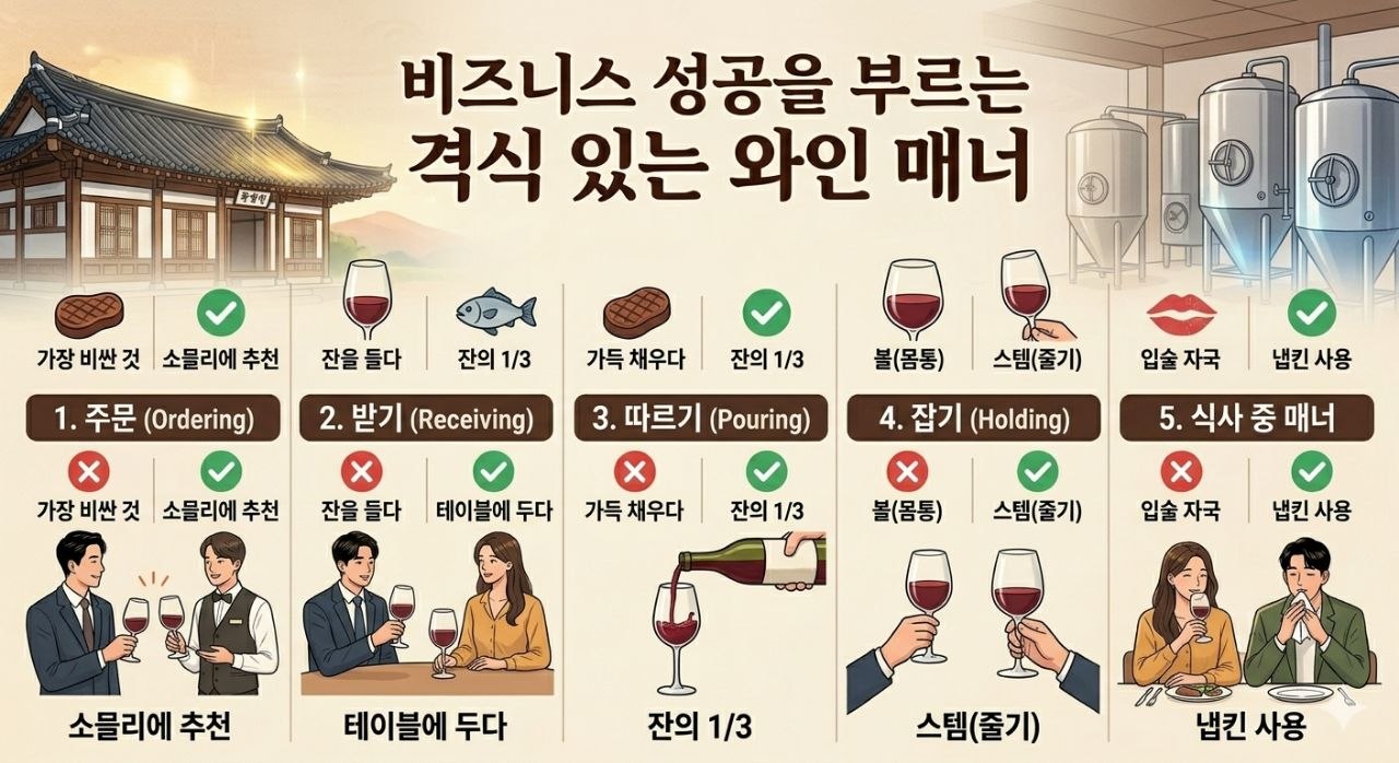 비즈니스 와인 매너의 핵심 포인트를 정리한 체크리스트 이미지