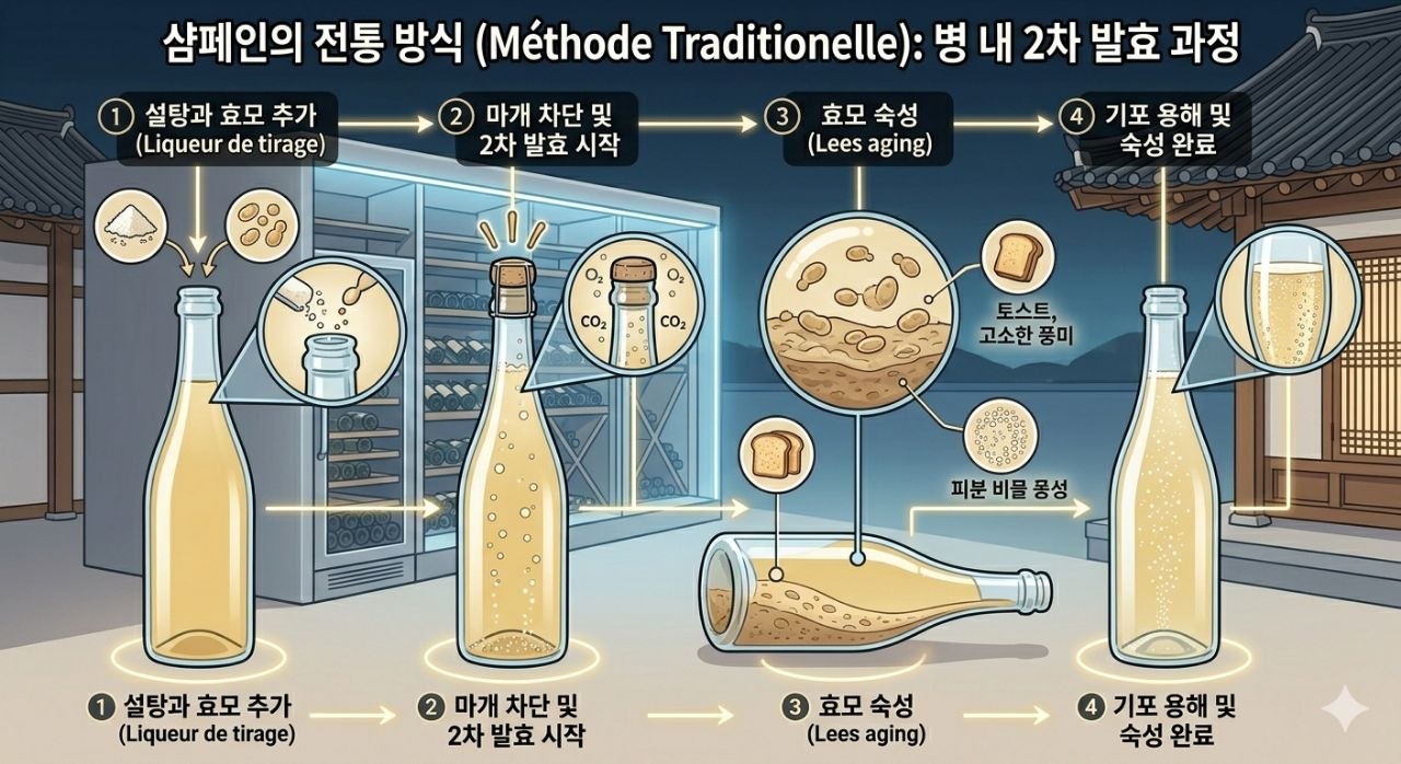 샴페인의 전통 방식과 병 내 2차 발효 과정을 설명하는 이미지