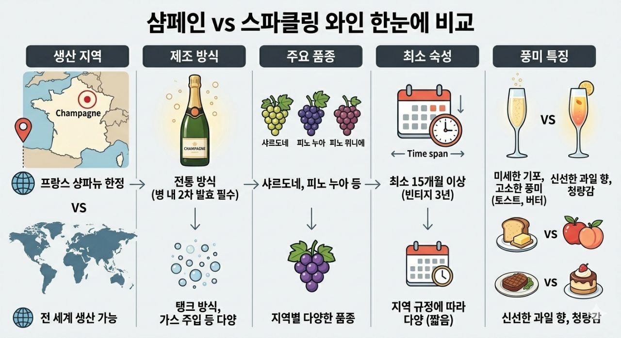 샴페인과 스파클링 와인의 지역 방식 품종 숙성 차이를 비교한 표 이미지