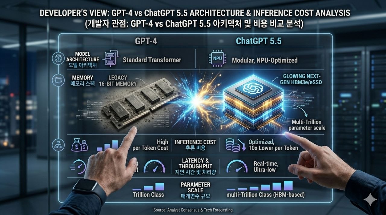 GPT-4와 ChatGPT 5.5의 아키텍처, 메모리, 추론 비용을 비교하는 인포그래픽
