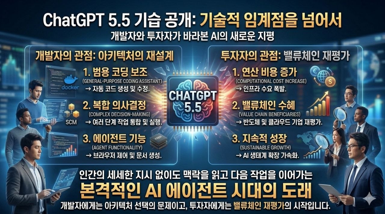 ChatGPT 5.5 공개 이후 개발자 관점의 아키텍처 재설계와 투자자 관점의 밸류체인 재평가를 요약한 이미지