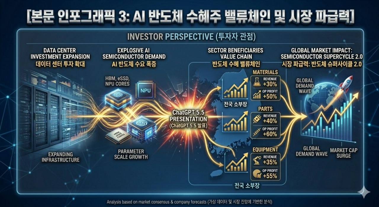 ChatGPT 5.5 발표 이후 AI 반도체 수요와 밸류체인 파급력을 설명하는 인포그래픽