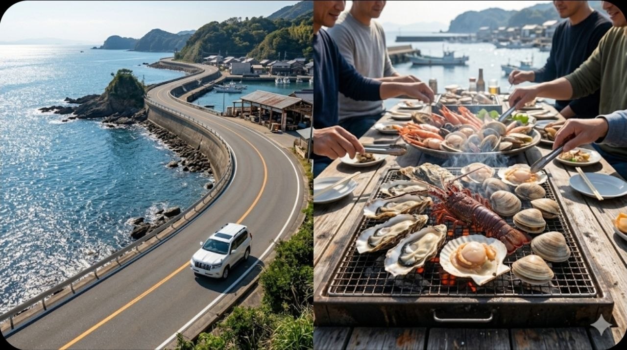 지타 반도 해안 드라이브와 해산물 바비큐 식사를 함께 보여주는 이미지