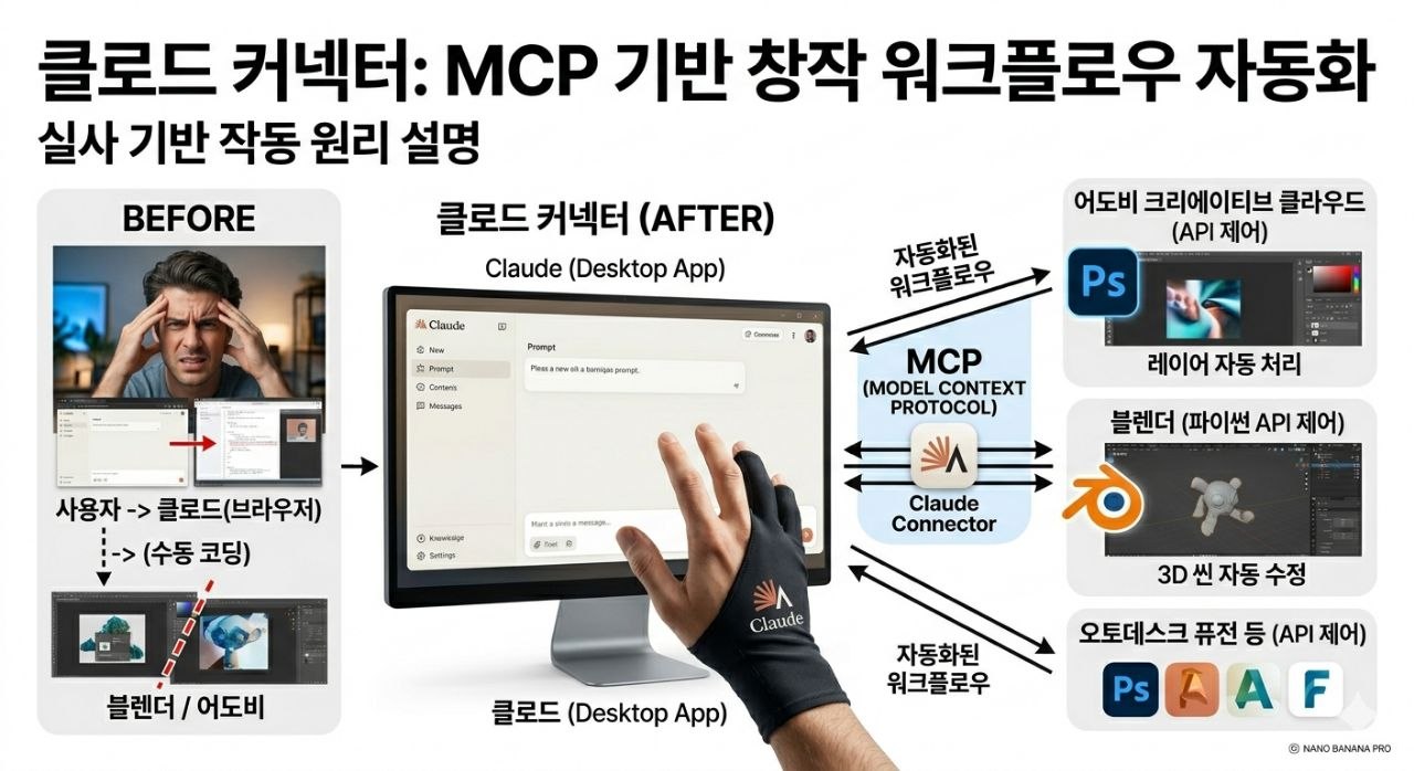 브라우저 기반 수동 작업과 MCP 기반 클로드 커넥터 자동화 워크플로우를 비교한 다이어그램