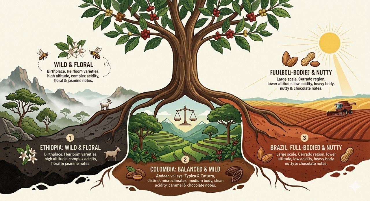 에티오피아 브라질 콜롬비아 산지 특징을 보여주는 커피 테루아 인포그래픽