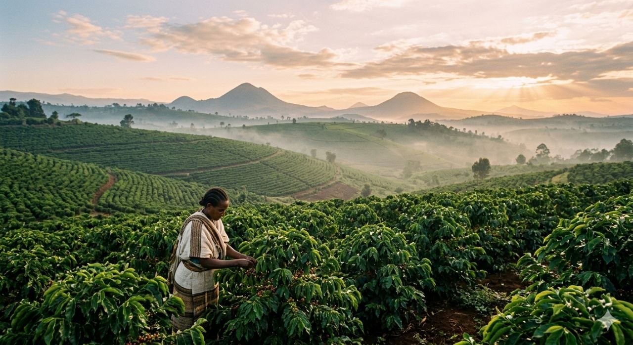 에티오피아 커피 농장의 풍경을 담은 이미지