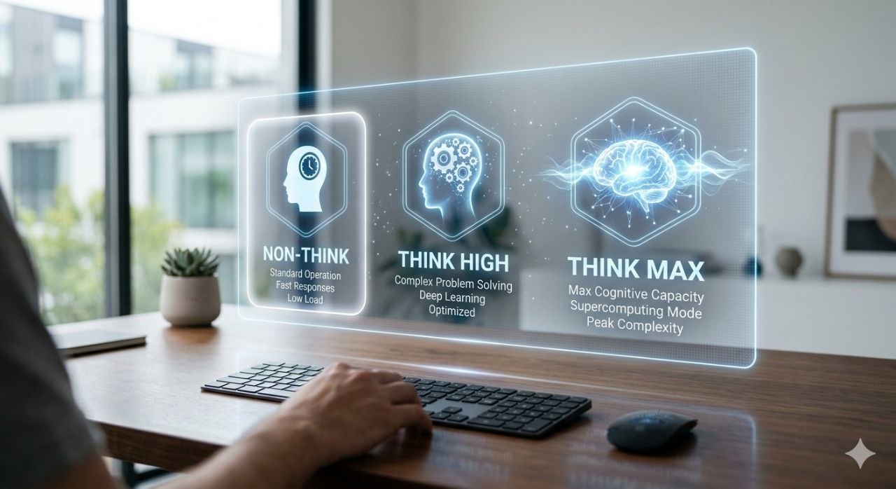Non-think, Think High, Think Max의 세 가지 추론 모드를 표현한 이미지