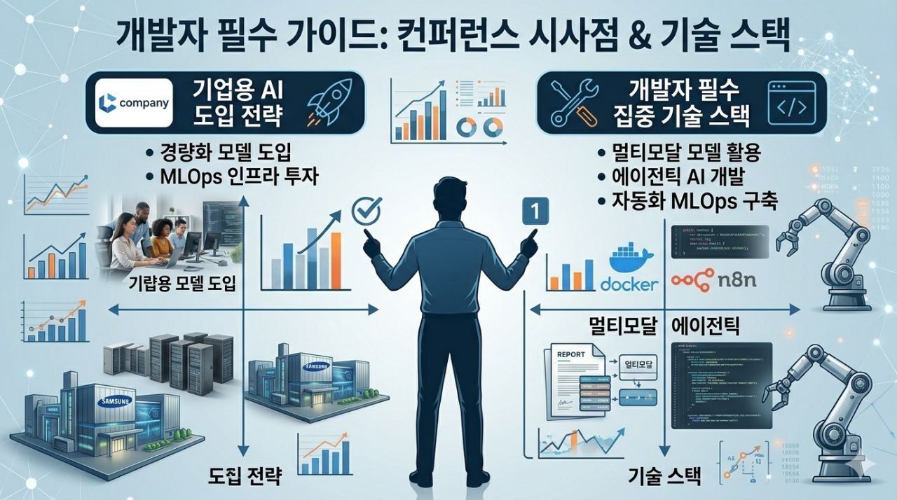 AI 컨퍼런스가 개발자와 기업에 주는 시사점 및 집중 기술 스택을 설명하는 이미지