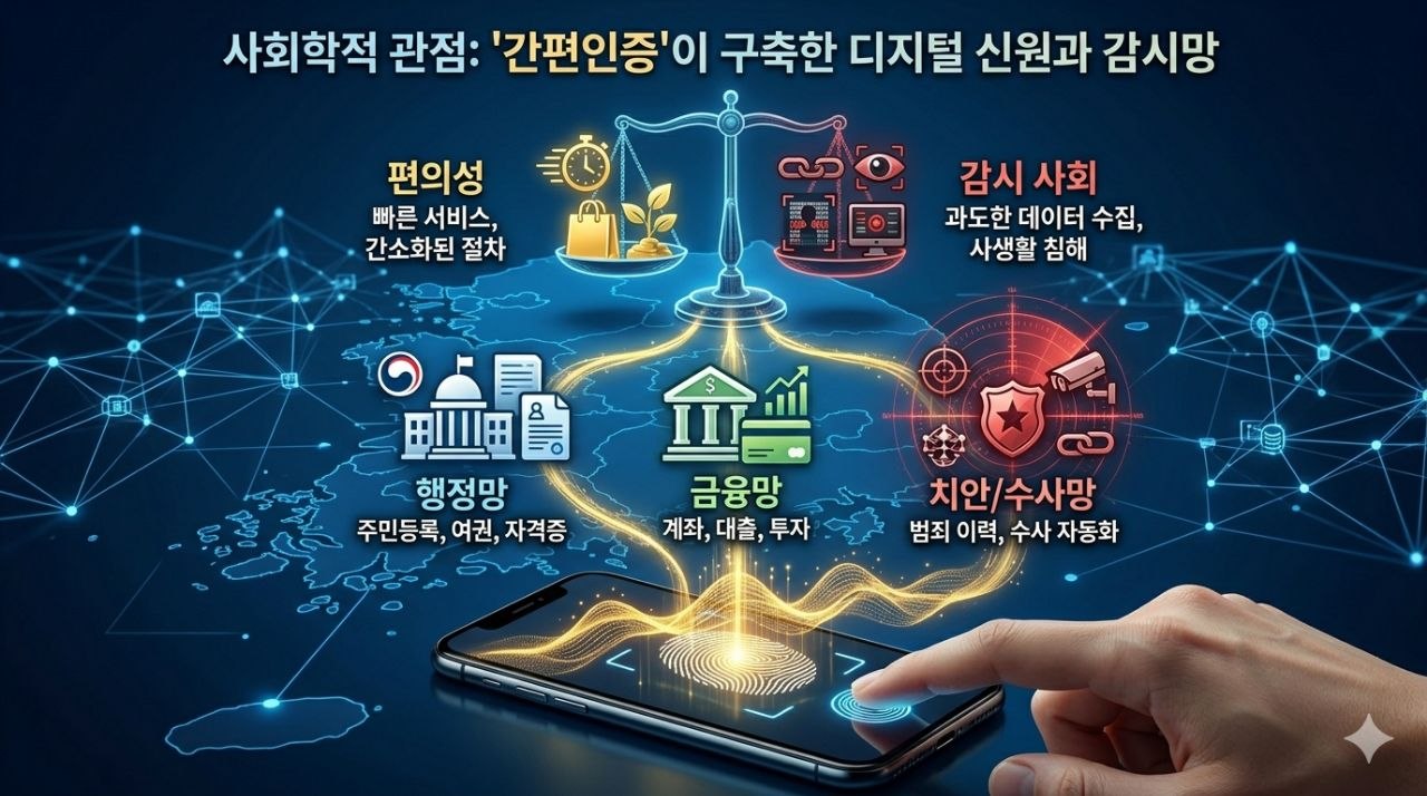 간편인증이 구축하는 디지털 신뢰와 감시망의 양면성을 보여주는 사회학적 분석 이미지