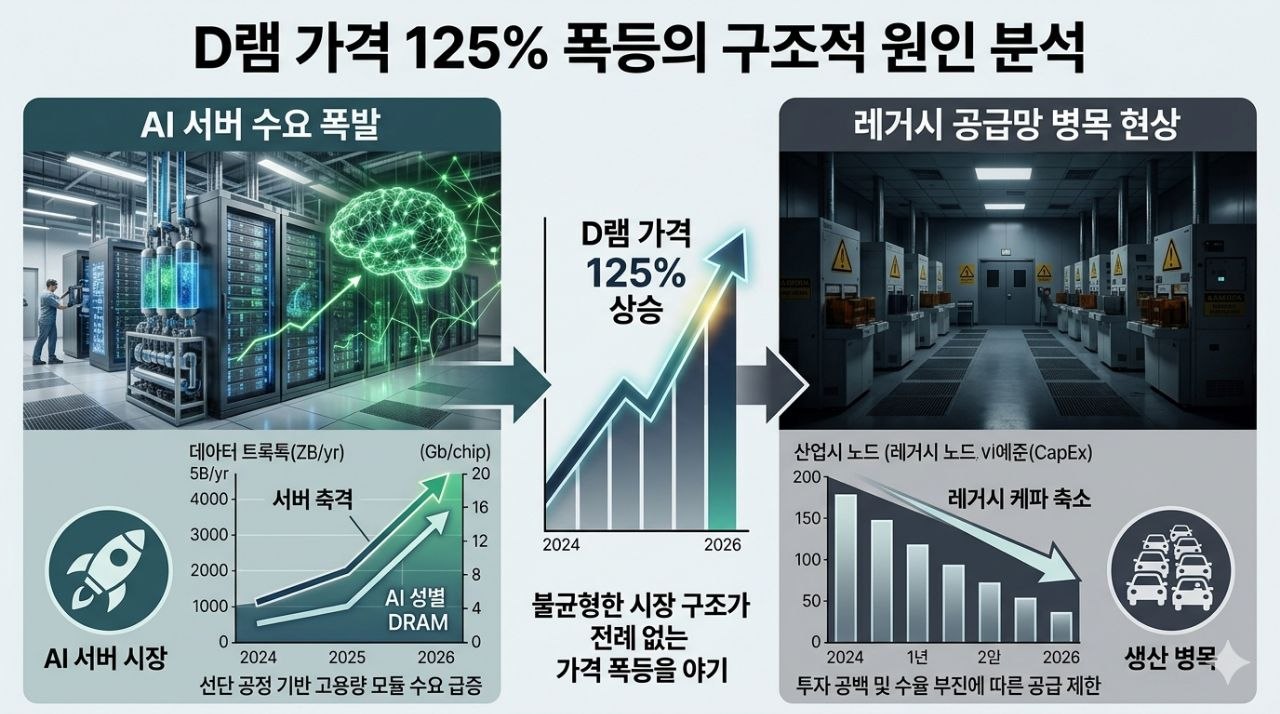AI 서버 수요 폭발과 레거시 공급망 병목이 D램 가격 급등을 만든 구조를 설명하는 이미지