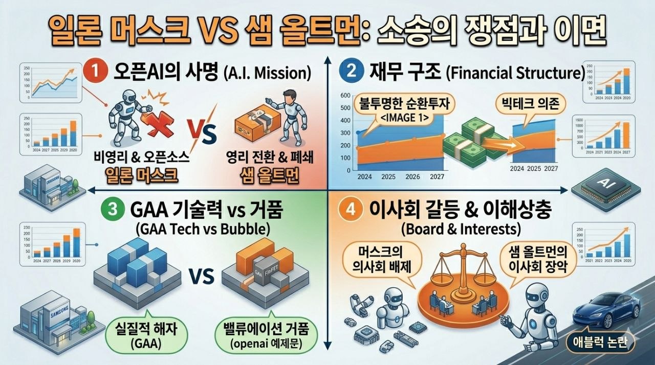 일론 머스크와 샘 올트먼 소송의 핵심 쟁점인 사명, 재무구조, 기술 거품, 이사회 갈등을 정리한 인포그래픽