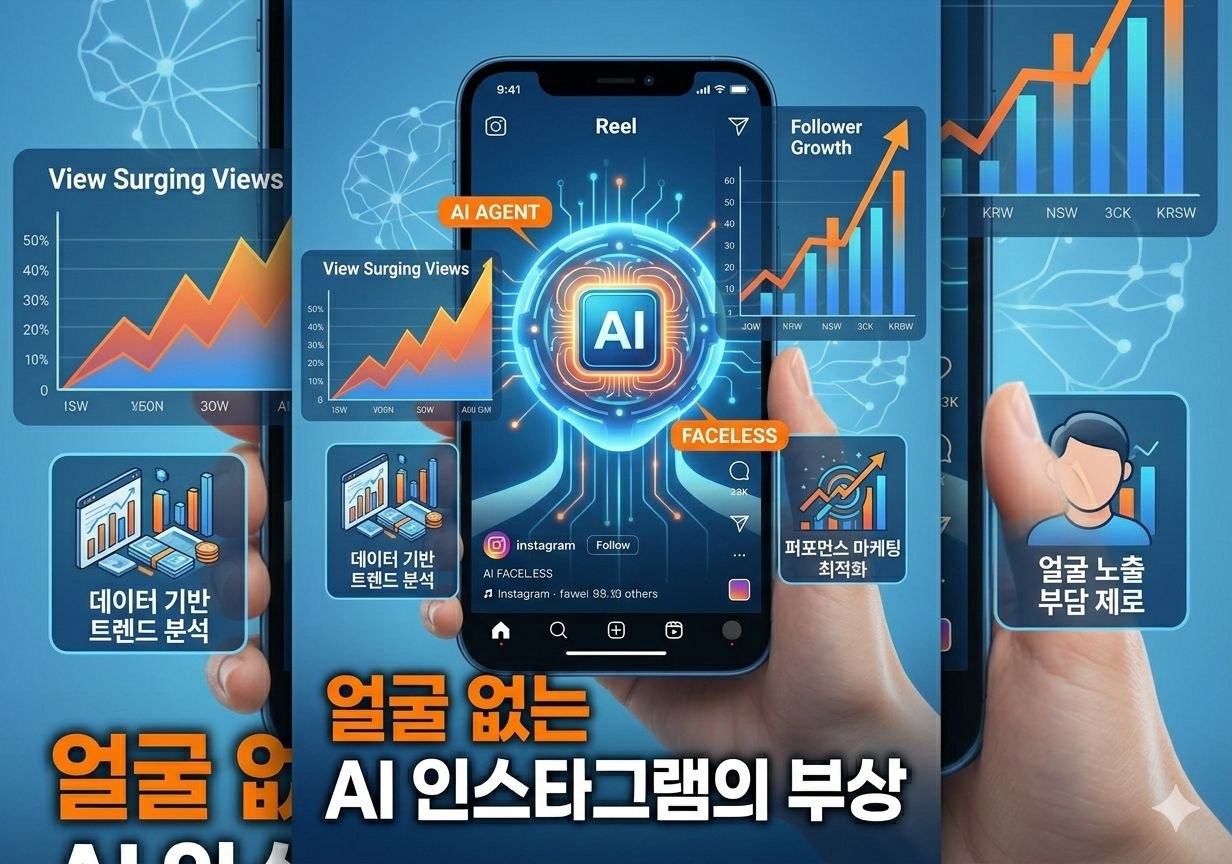 얼굴 없는 AI 인스타그램 계정의 성장성과 퍼포먼스 마케팅 최적화를 설명하는 이미지