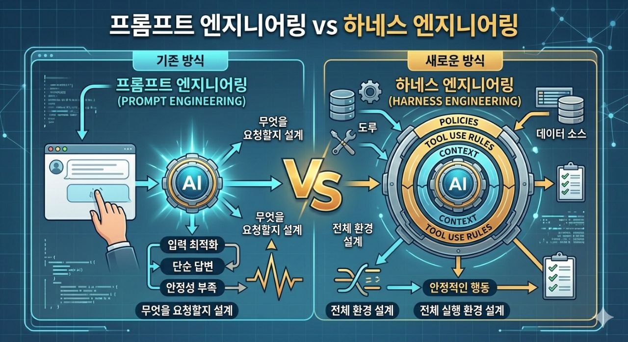 프롬프트 엔지니어링과 하네스 엔지니어링 비교 도식