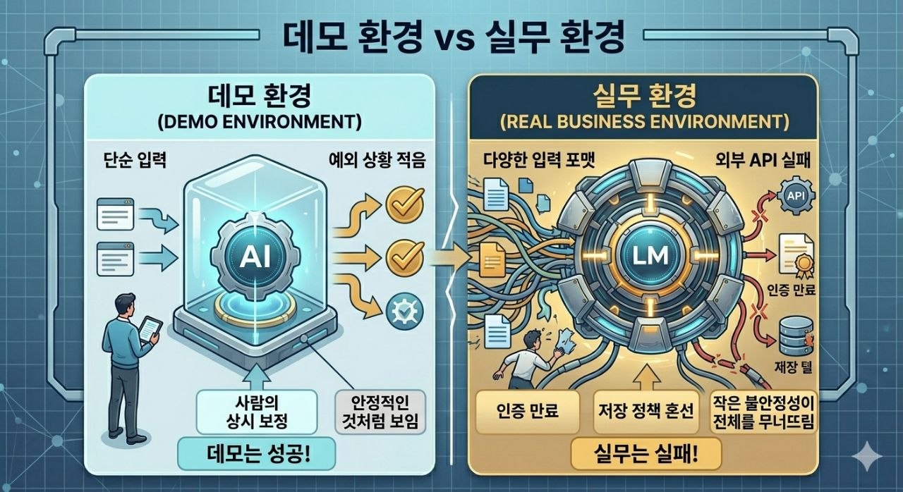 데모 환경과 실무 환경의 차이를 비교한 인포그래픽