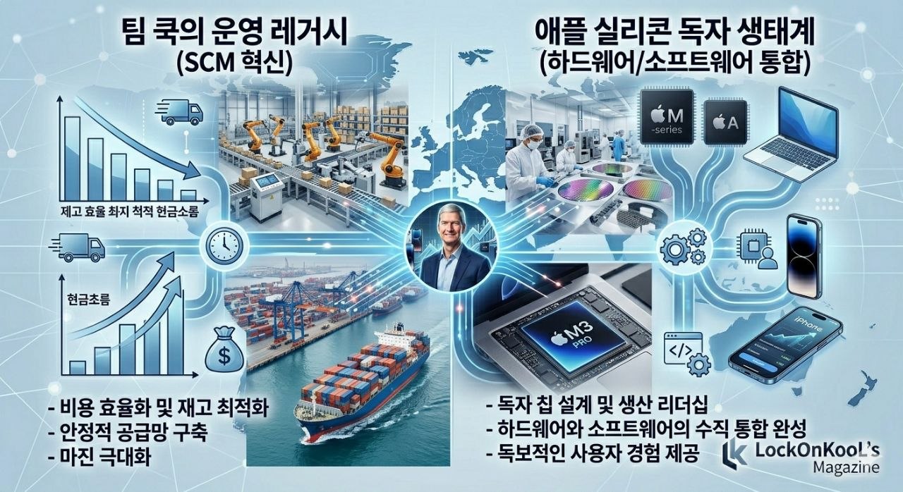 팀 쿡의 운영 레거시와 애플 실리콘 독자 생태계 인포그래픽