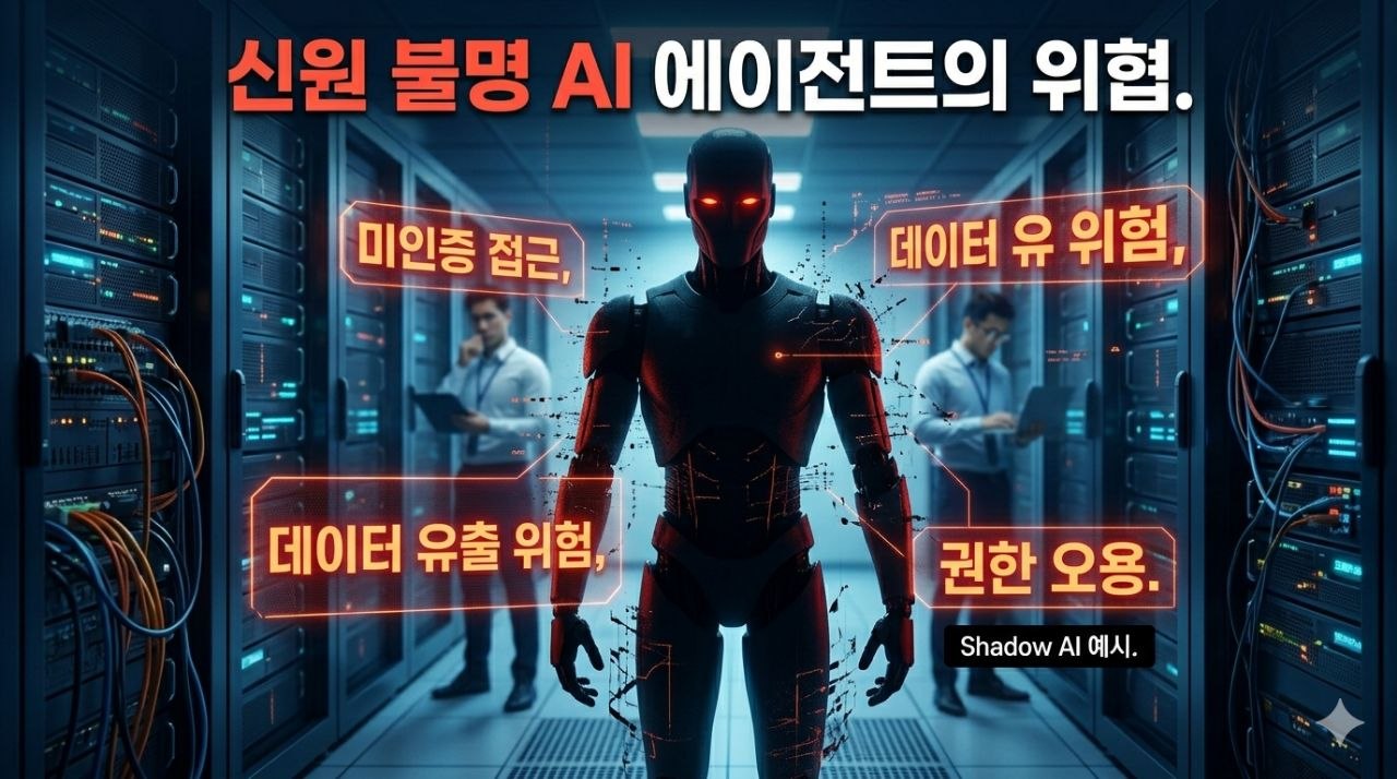 신원 불명 AI 에이전트의 보안 위협과 데이터 유출 위험을 설명하는 이미지