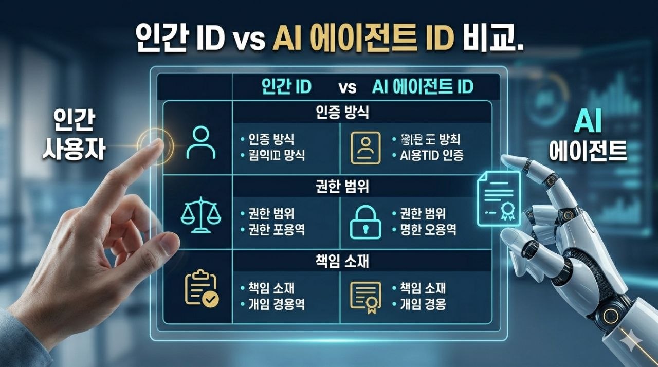 인간 ID와 AI 에이전트 ID 차이를 비교하는 인포그래픽 이미지