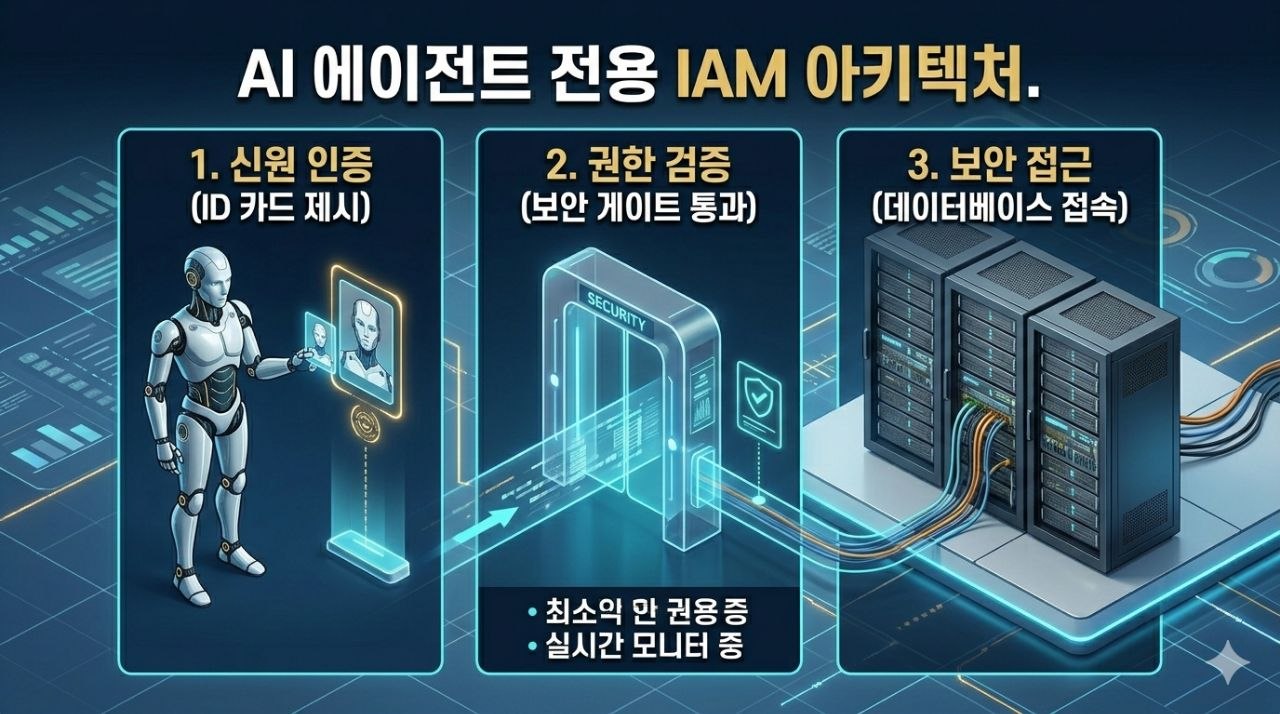 AI 에이전트 전용 IAM 아키텍처 3단계를 설명하는 이미지
