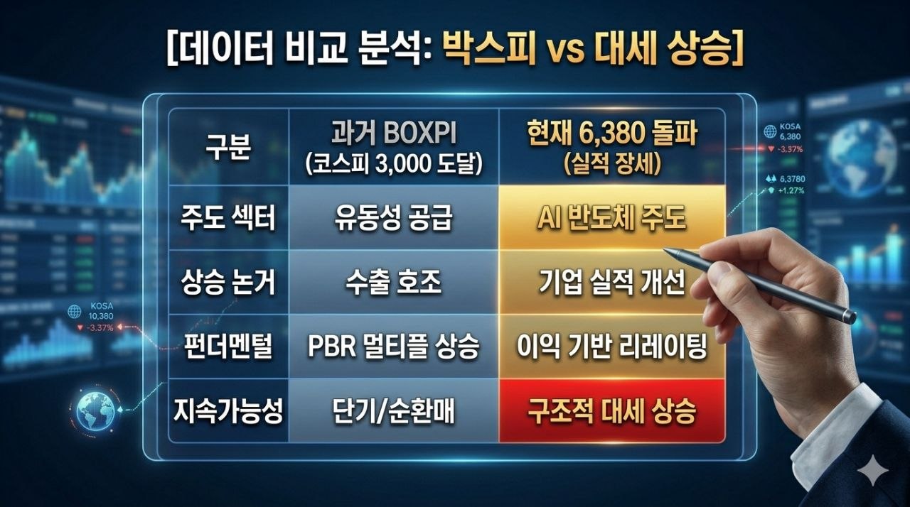 박스피와 코스피 6380 대세 상승 구간을 비교한 데이터 분석 인포그래픽