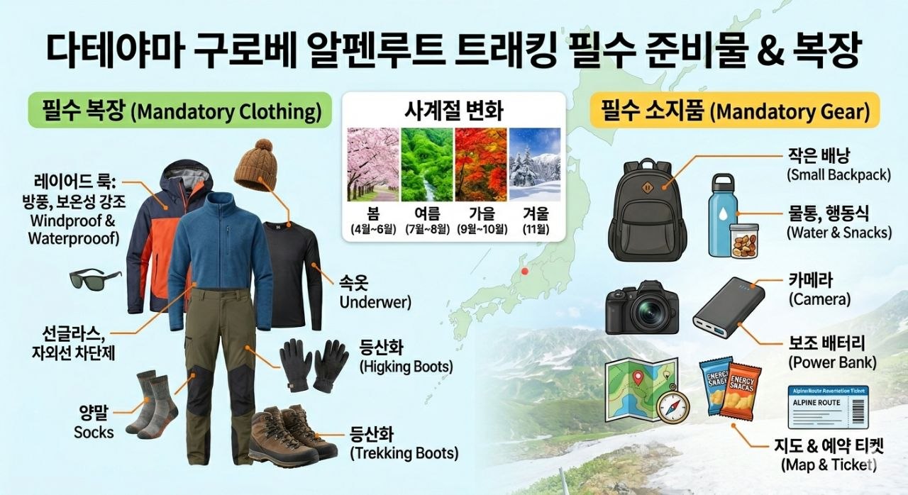 다테야마 구로베 알펜루트 5월 복장과 준비물을 정리한 인포그래픽