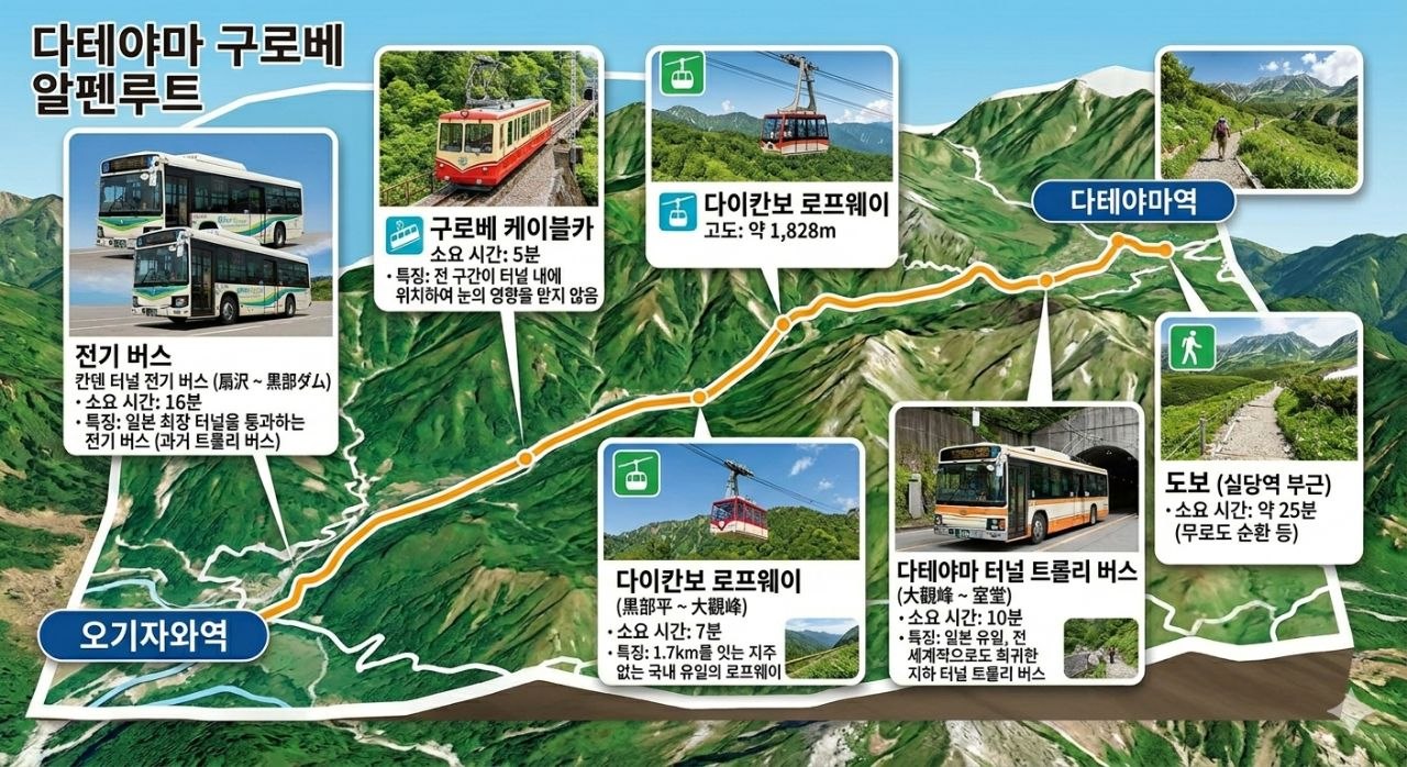 다테야마역에서 오기사와역까지 알펜루트 교통수단과 이동 흐름을 정리한 인포그래픽