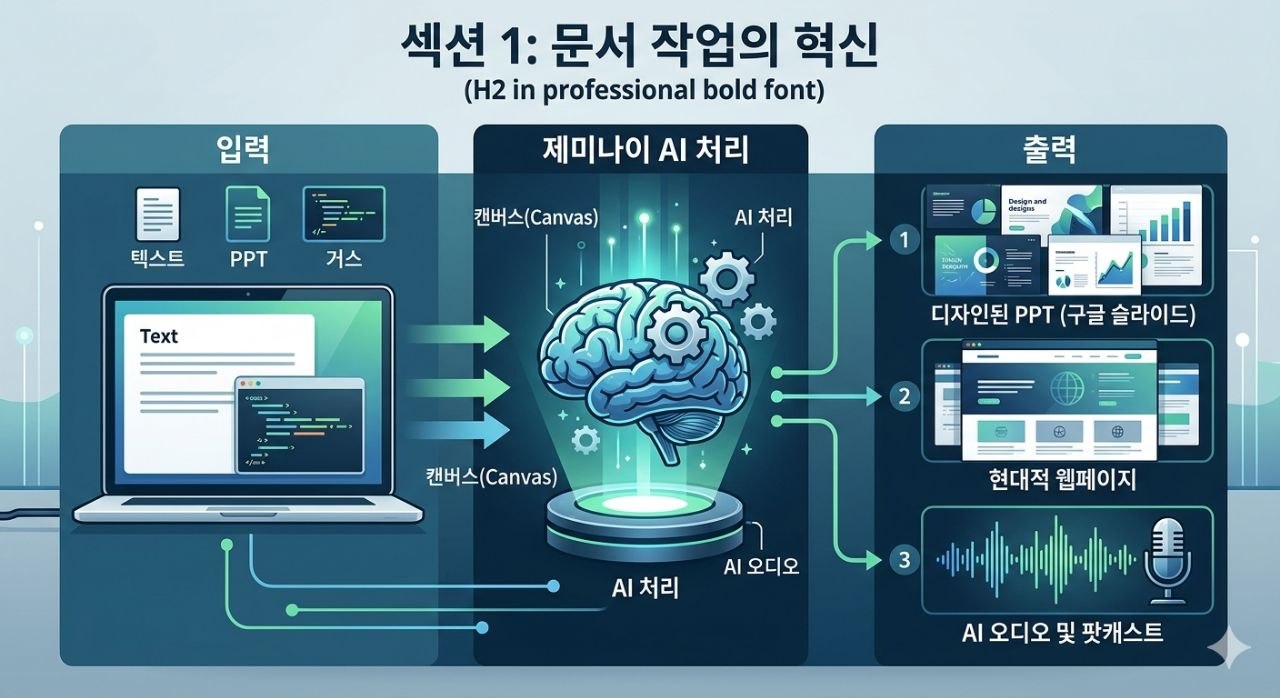 문서 작업의 혁신과 PPT 웹페이지 오디오 생성 흐름을 보여주는 제미나이 이미지