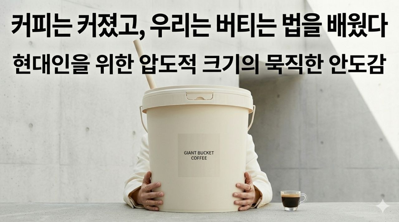 자이언트 버킷 커피와 함께 결론 문구를 담은 배너형 이미지