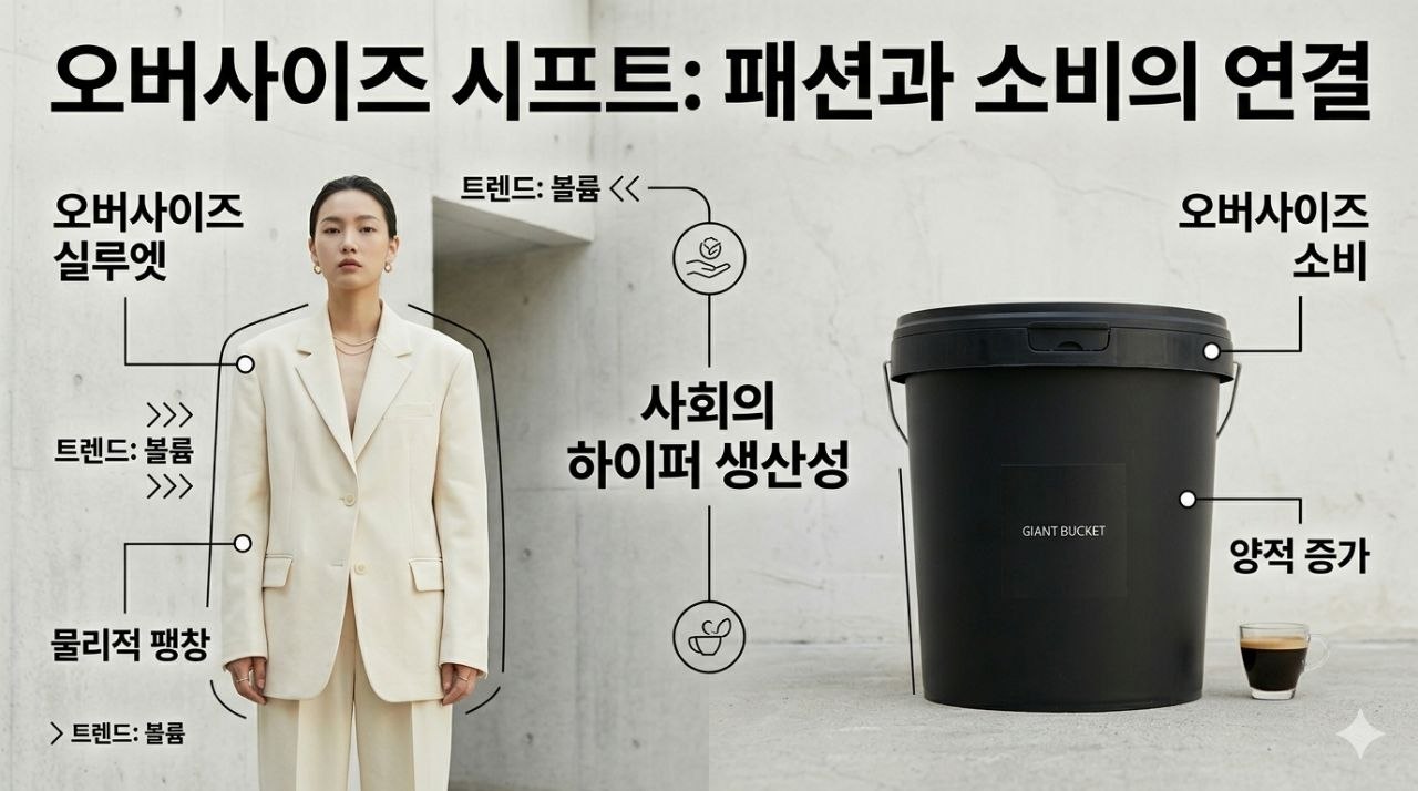 오버사이즈 패션 실루엣과 자이언트 버킷 커피 소비의 팽창을 연결해 설명하는 인포그래픽 이미지