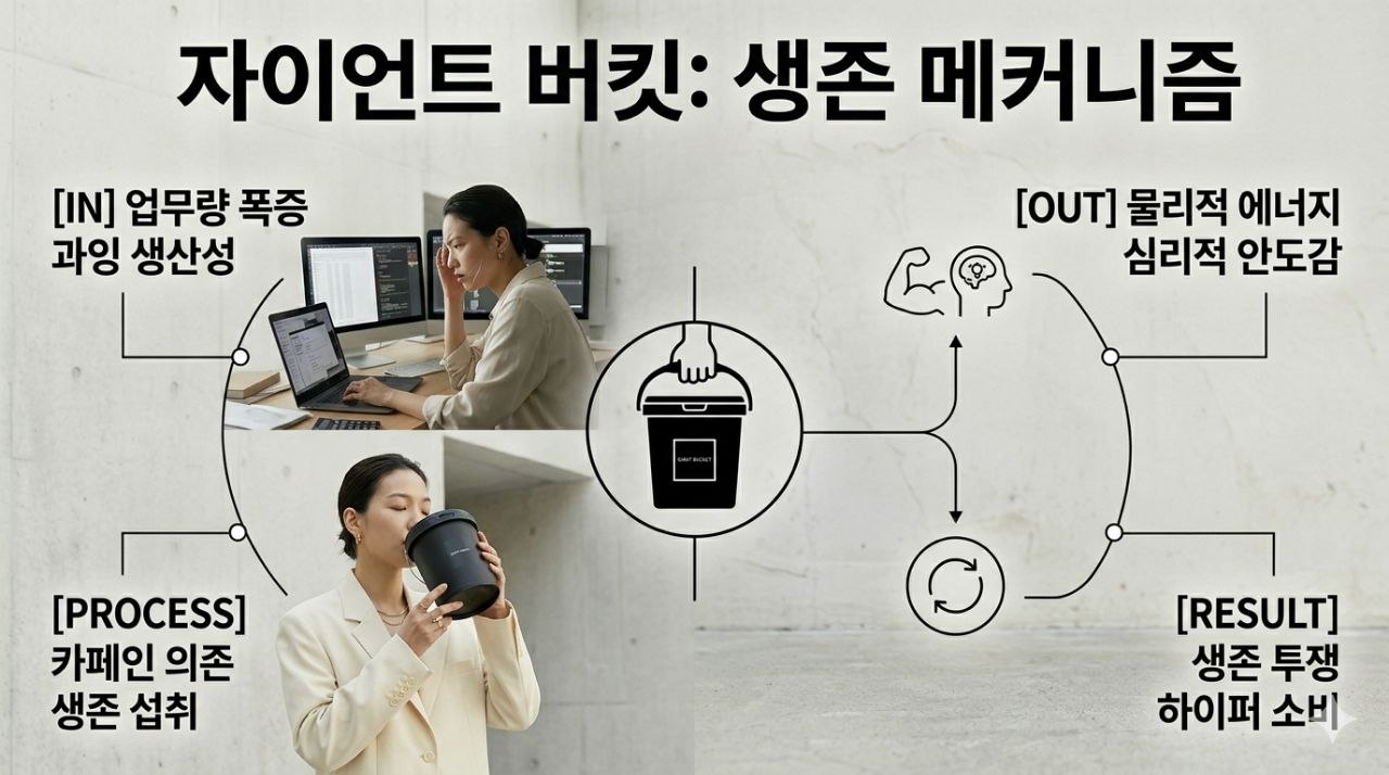 과잉 생산성, 카페인 의존, 심리적 안도감의 흐름을 정리한 자이언트 버킷 커피 생존 메커니즘 인포그래픽