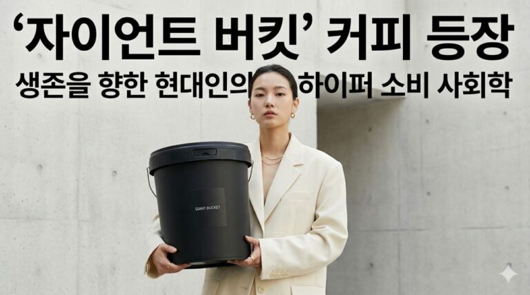 자이언트 버킷 커피를 든 인물을 통해 현대인의 하이퍼 소비 사회학을 표현한 대표 이미지