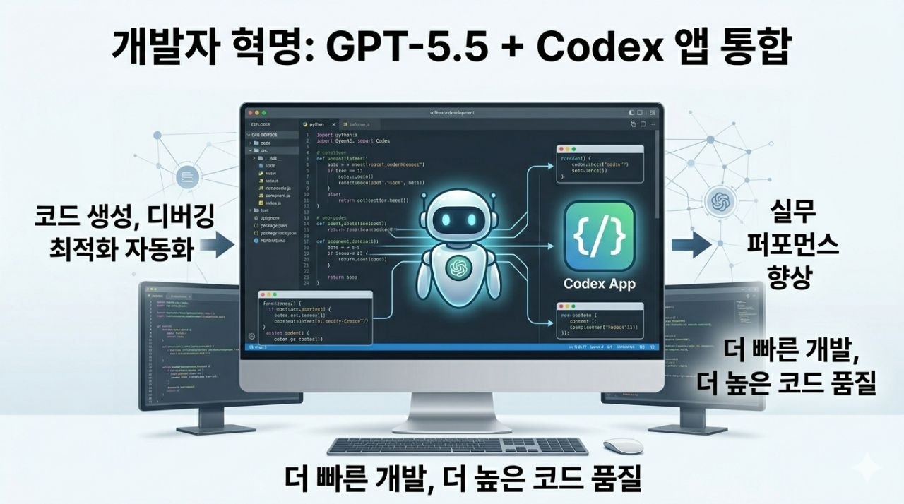 Codex 환경에서 GPT-5.5가 코드 작성 디버깅 테스트 검증을 수행하는 개발자 워크플로우 이미지