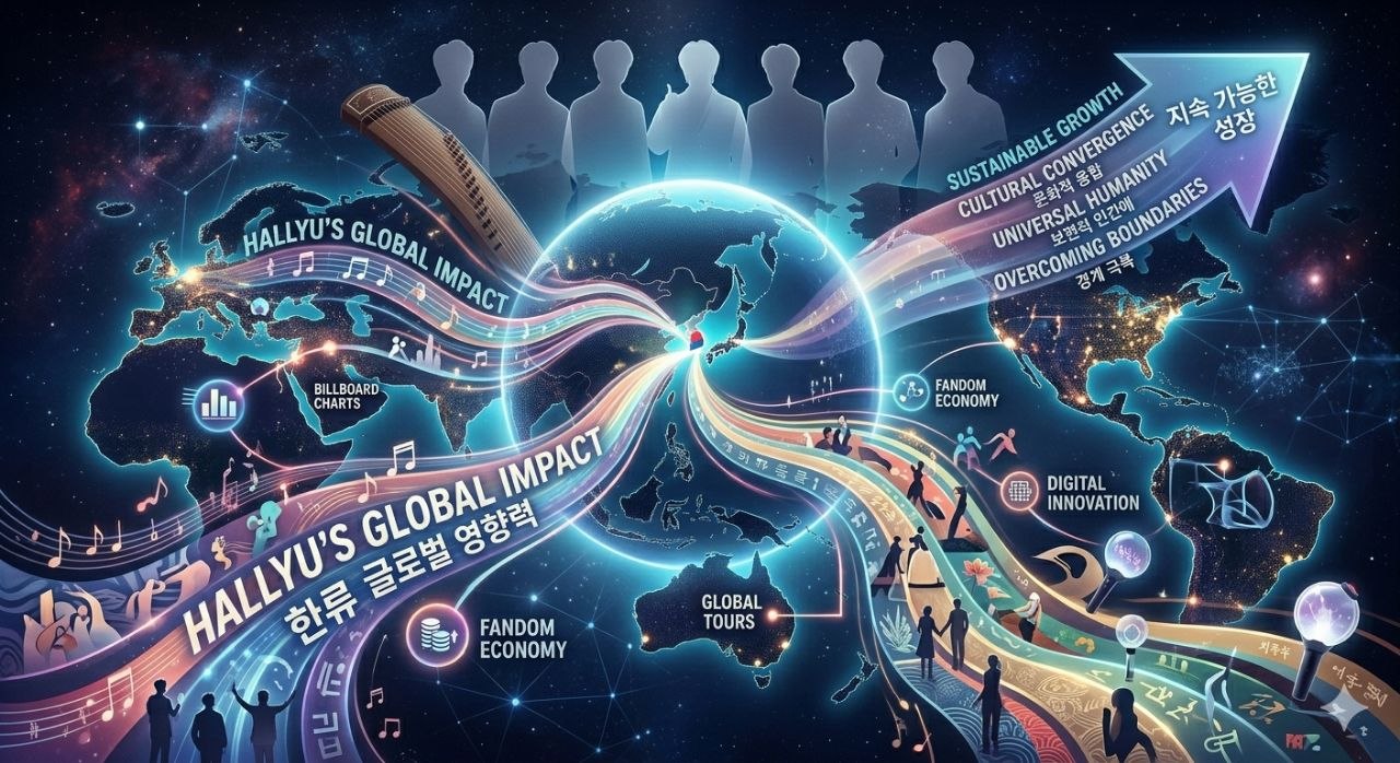 한류의 글로벌 영향력과 K-POP의 미래를 시각화한 이미지