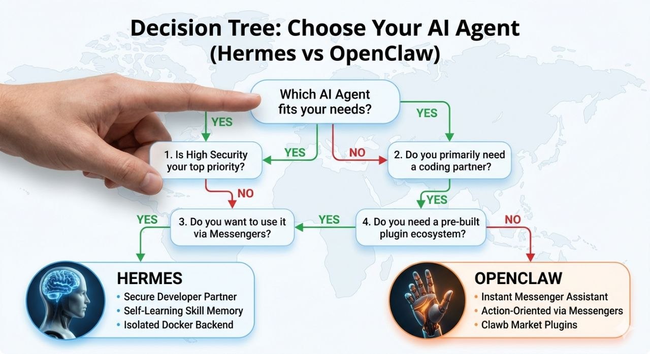 Hermes와 OpenClaw 중 어떤 AI 에이전트를 선택할지 결정하는 의사결정 트리 이미지