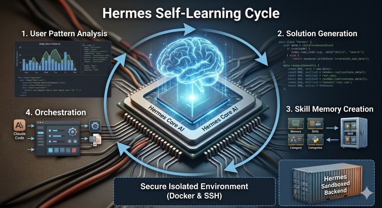 Hermes의 자가 학습 사이클과 스킬 메모리, Docker SSH 격리 환경을 설명하는 이미지