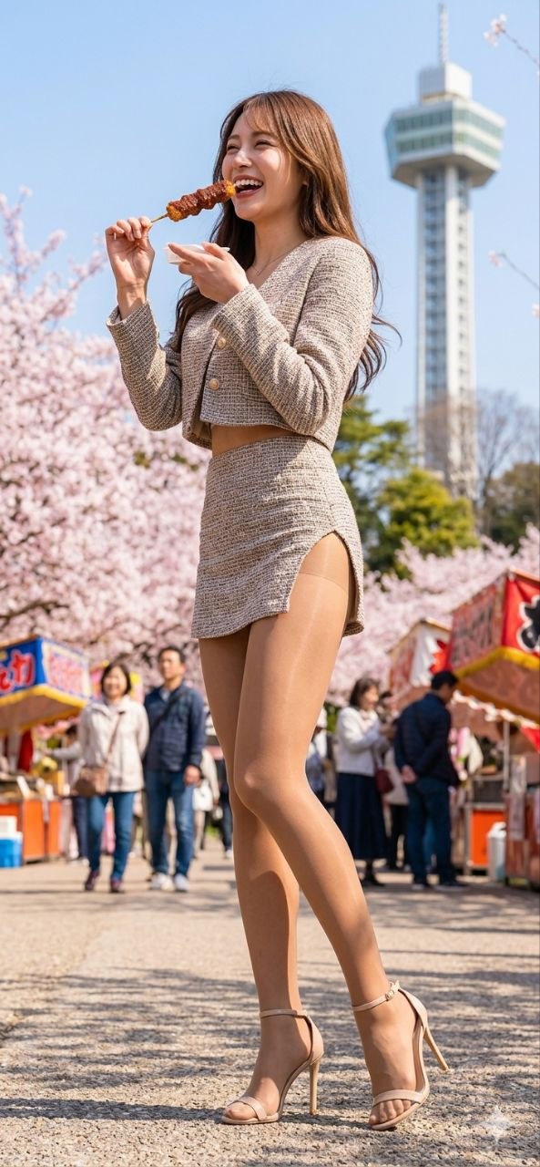 축제 현장에서 먹거리를 즐기는 봄 나고야 분위기 컷