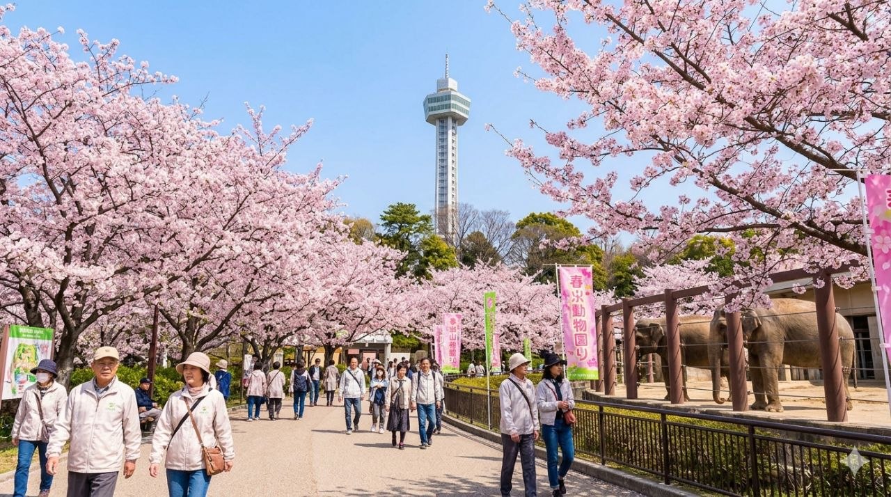벚꽃이 만개한 히가시야마 동식물원 산책로와 타워 전경