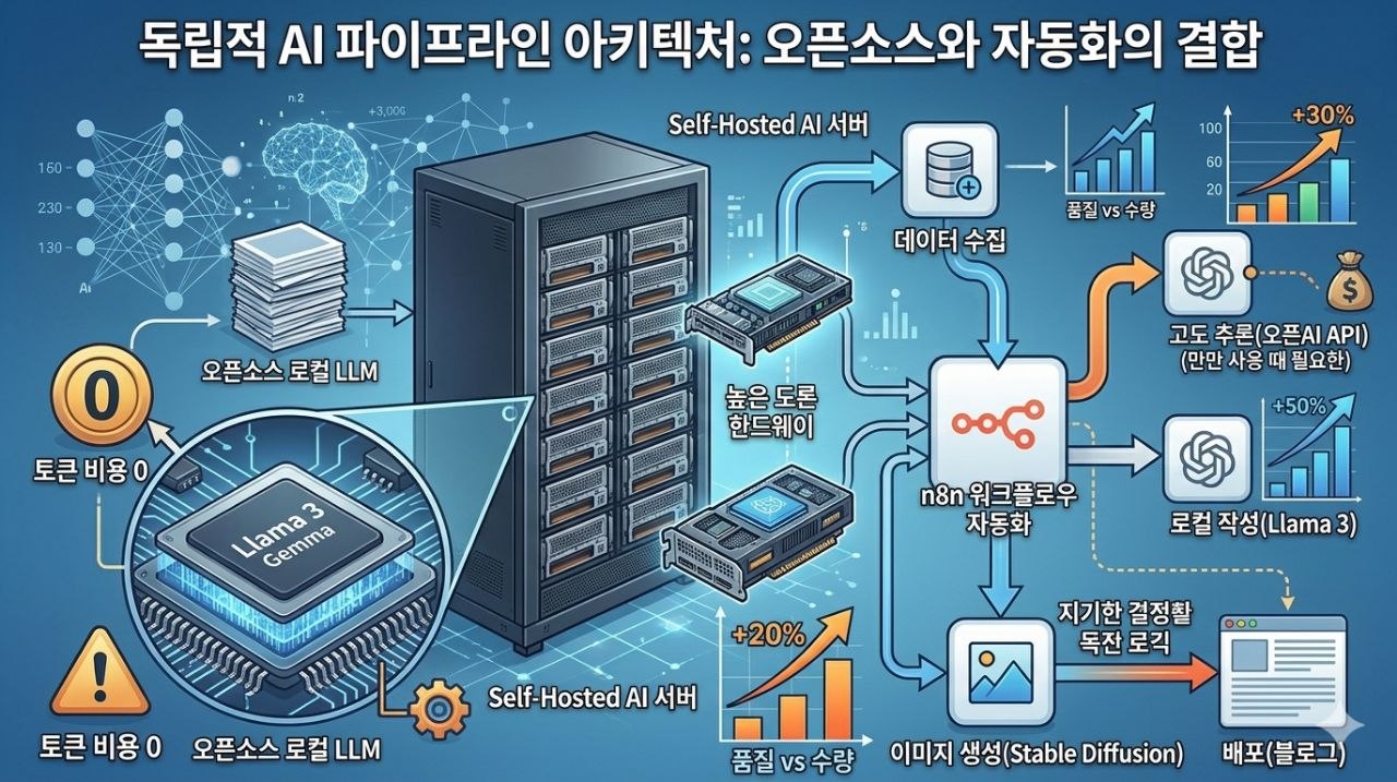 로컬 LLM, Docker 기반 AI 서버, n8n 워크플로우를 결합한 하이브리드 자동화 아키텍처를 설명하는 인포그래픽 이미지