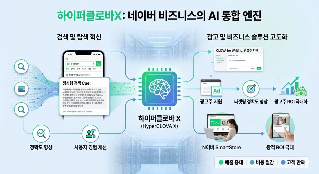 하이퍼클로바X가 검색 혁신, 광고 고도화, 스마트스토어 효율 개선으로 연결되는 구조를 보여주는 인포그래픽