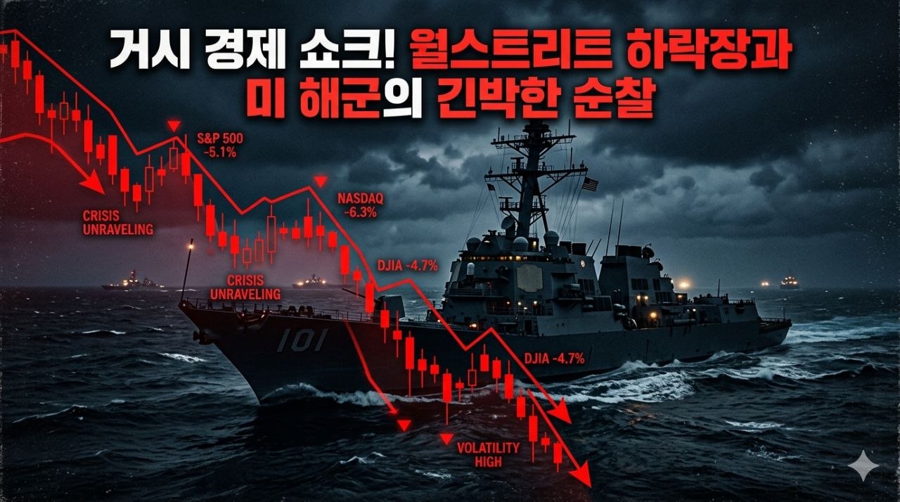 미 해군 긴장 고조와 월가 하락장을 상징하는 메인 이미지