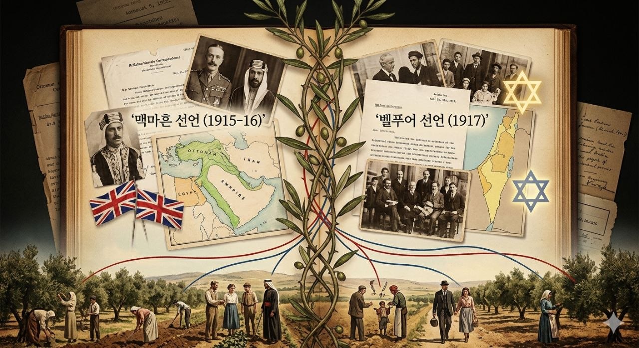 19세기 말부터 20세기 초 중동 정세와 역사적 충돌을 상징하는 이미지