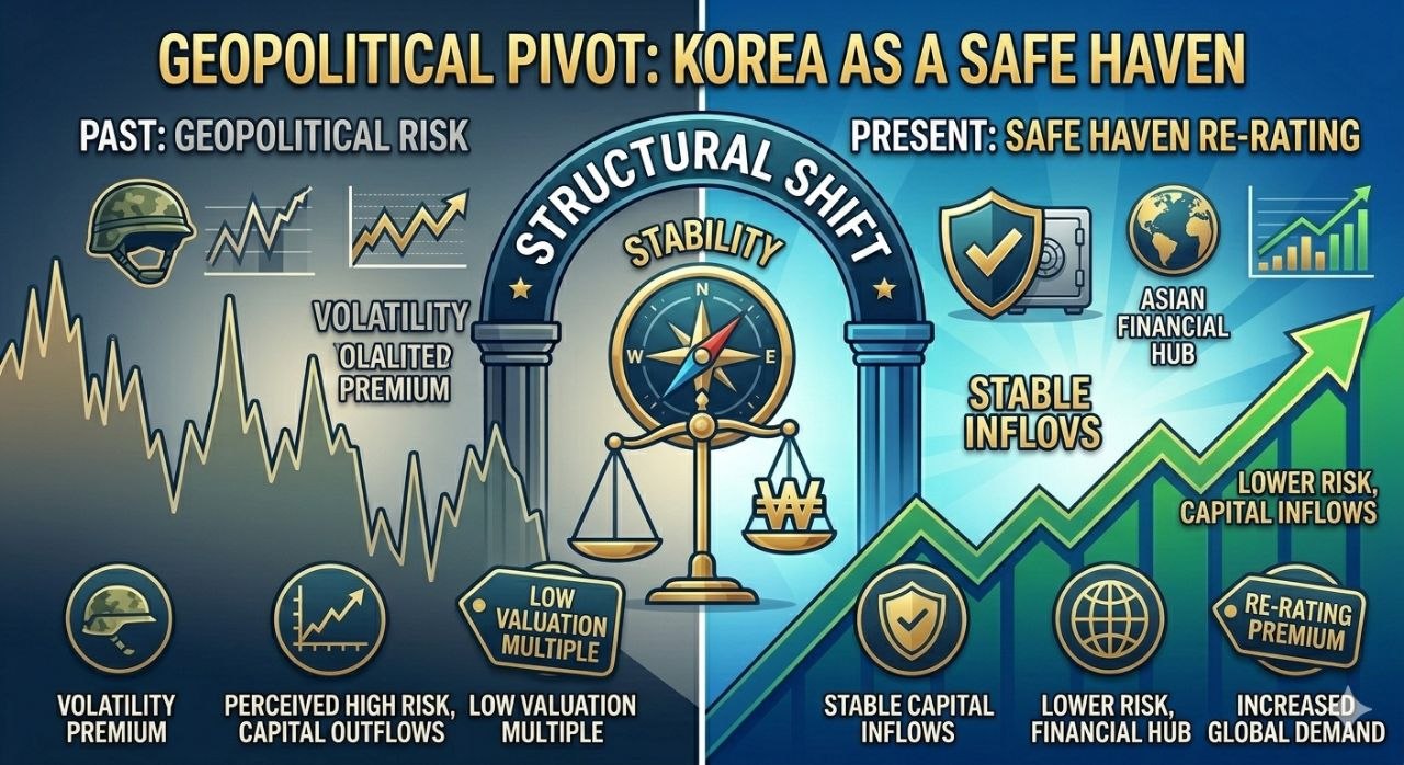 지정학적 리스크 시장에서 아시아 세이프헤이븐으로 재평가되는 한국의 변화를 보여주는 인포그래픽