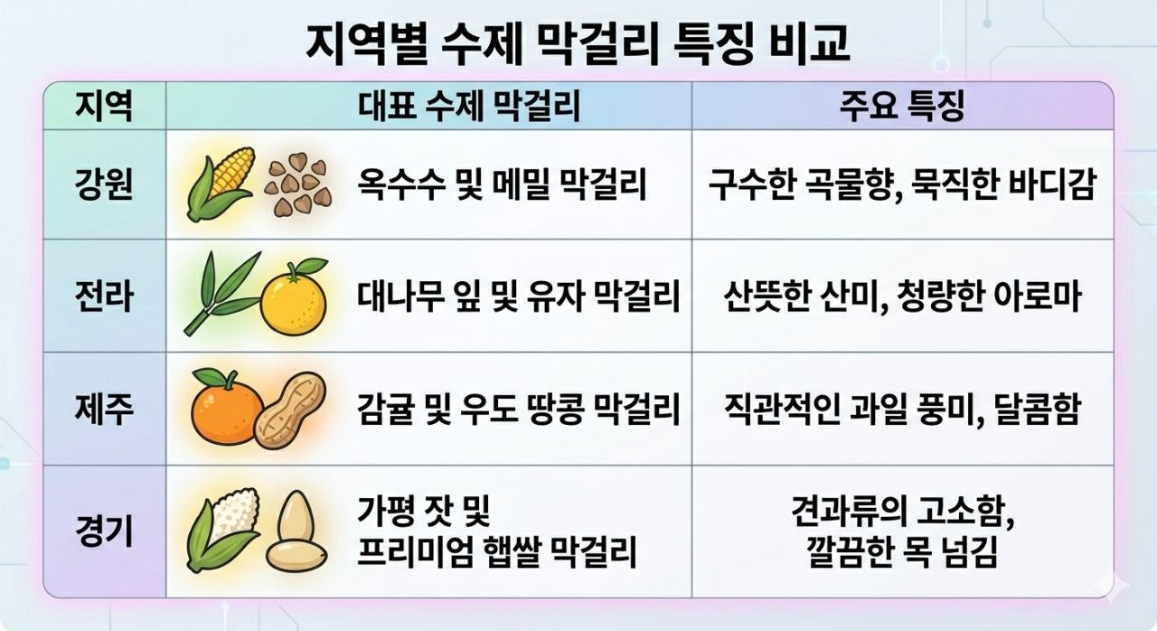 지역별 수제 막걸리 특징 비교 표 이미지